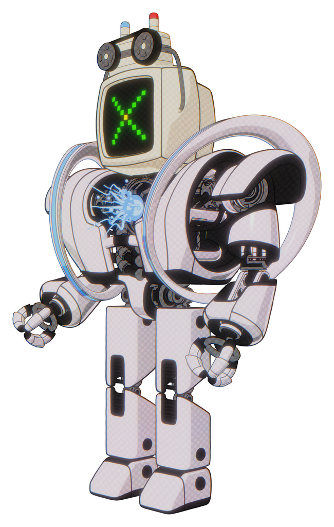 Mech containing old computer monitor and pixel x and old computer magnetic tape and heavy upper chest and heavy mech chest and spectrum fusion core chest and prototype exoplate legs.