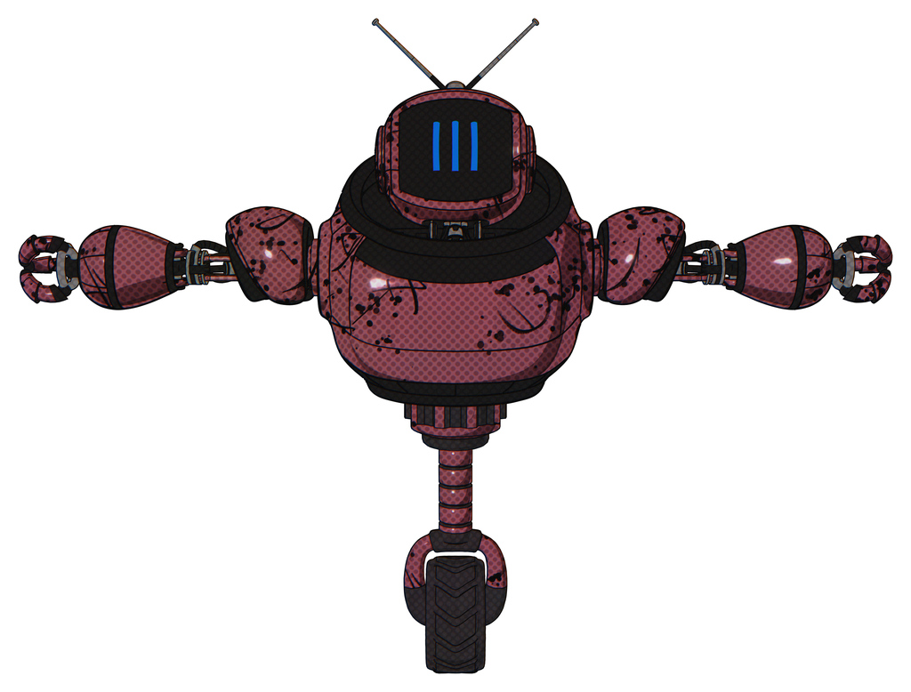Bot containing digital display head and three vertical line design and retro antennas and heavy upper chest and unicycle wheel. Muavewood halftone grunge. T-pose.