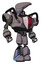 Mech containing flat elongated skull head and heavy upper chest and red shield defense design and light leg exoshielding and megneto-hovers foot mod. Halftone gray. Hero pose.