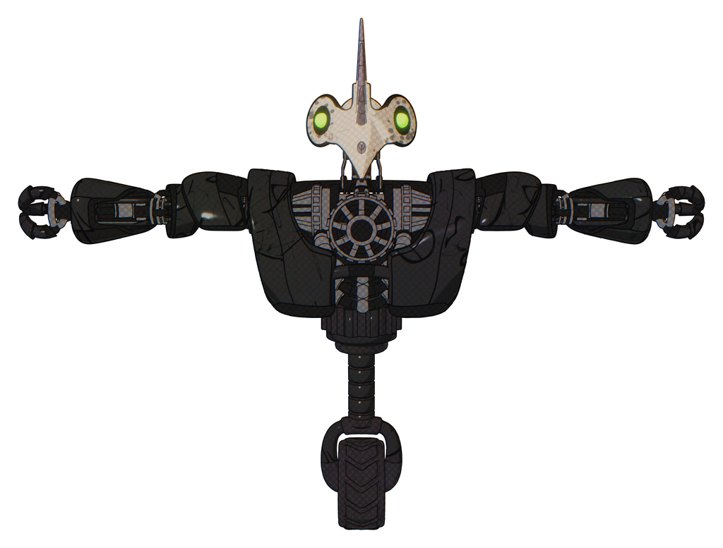 Robot containing bird skull head and green eyes and heavy upper chest and heavy mech chest and unicycle wheel. Toon black scribbles sketch. T-pose.