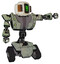 Bot containing old computer monitor and pixel exclamation point alert face and old retro speakers and heavy upper chest and heavy mech chest and green cable sockets array and tank tracks. Green metal.