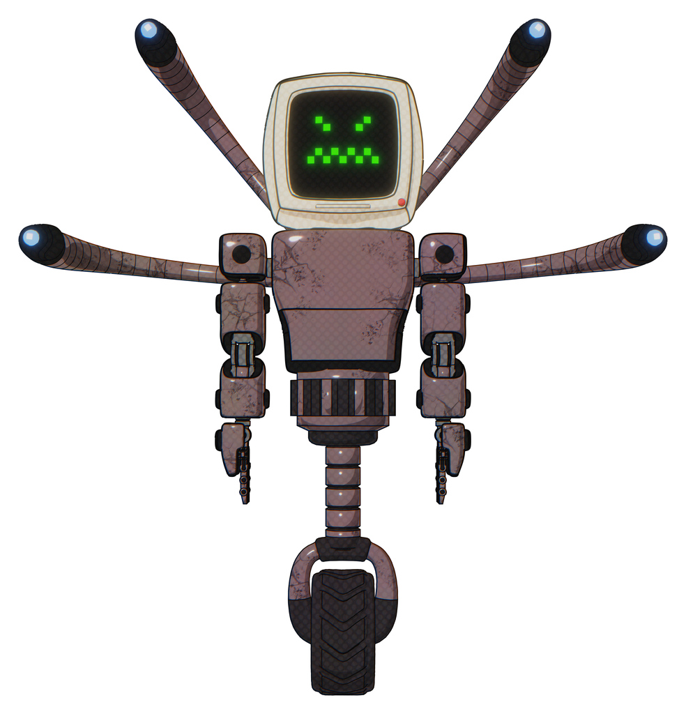 Droid containing old computer monitor and angry pixels face and light chest exoshielding and prototype exoplate chest and blue-eye cam cable tentacles and unicycle wheel. Dusty rose red metal.