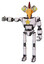 Robot containing bird skull head and big yellow eyes and chicken design and light chest exoshielding and yellow star and ultralight foot exosuit. White halftone toon.