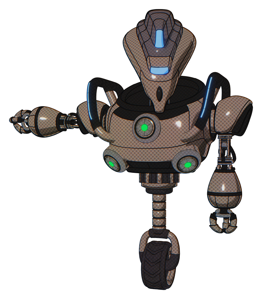 Droid containing flat elongated skull head and visor and heavy upper chest and chest green energy cores and blue strip lights and unicycle wheel. Khaki halftone. Arm out holding invisible object..