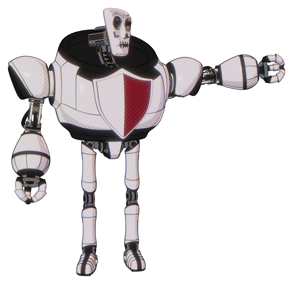 Android containing humanoid face mask and skeleton war paint and heavy upper chest and red shield defense design and ultralight foot exosuit. White halftone toon. Pointing left or pushing a button..