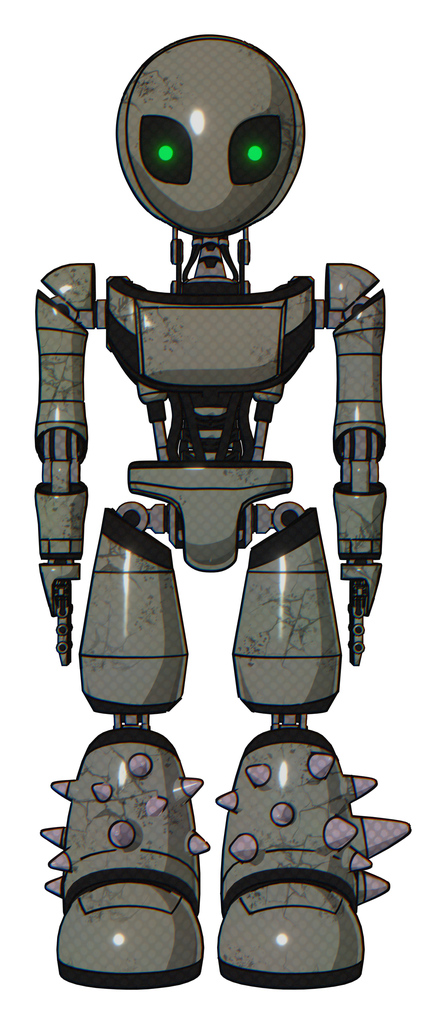 Automaton containing grey alien style head and green inset eyes and light chest exoshielding and ultralight chest exosuit and light leg exoshielding and spike foot mod. Concrete grey metal.