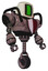 Bot containing old computer monitor and three lines pixel design and heavy upper chest and red shield defense design and unicycle wheel. Dusty rose red metal. Facing left view.