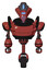 Automaton containing flat elongated skull head and visor and heavy upper chest and unicycle wheel. Light brick red. Front view.