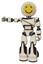 Robot containing round head yellow happy face and light chest exoshielding and cable sash and light leg exoshielding and stomper foot mod. Off white toon. Arm out holding invisible object..