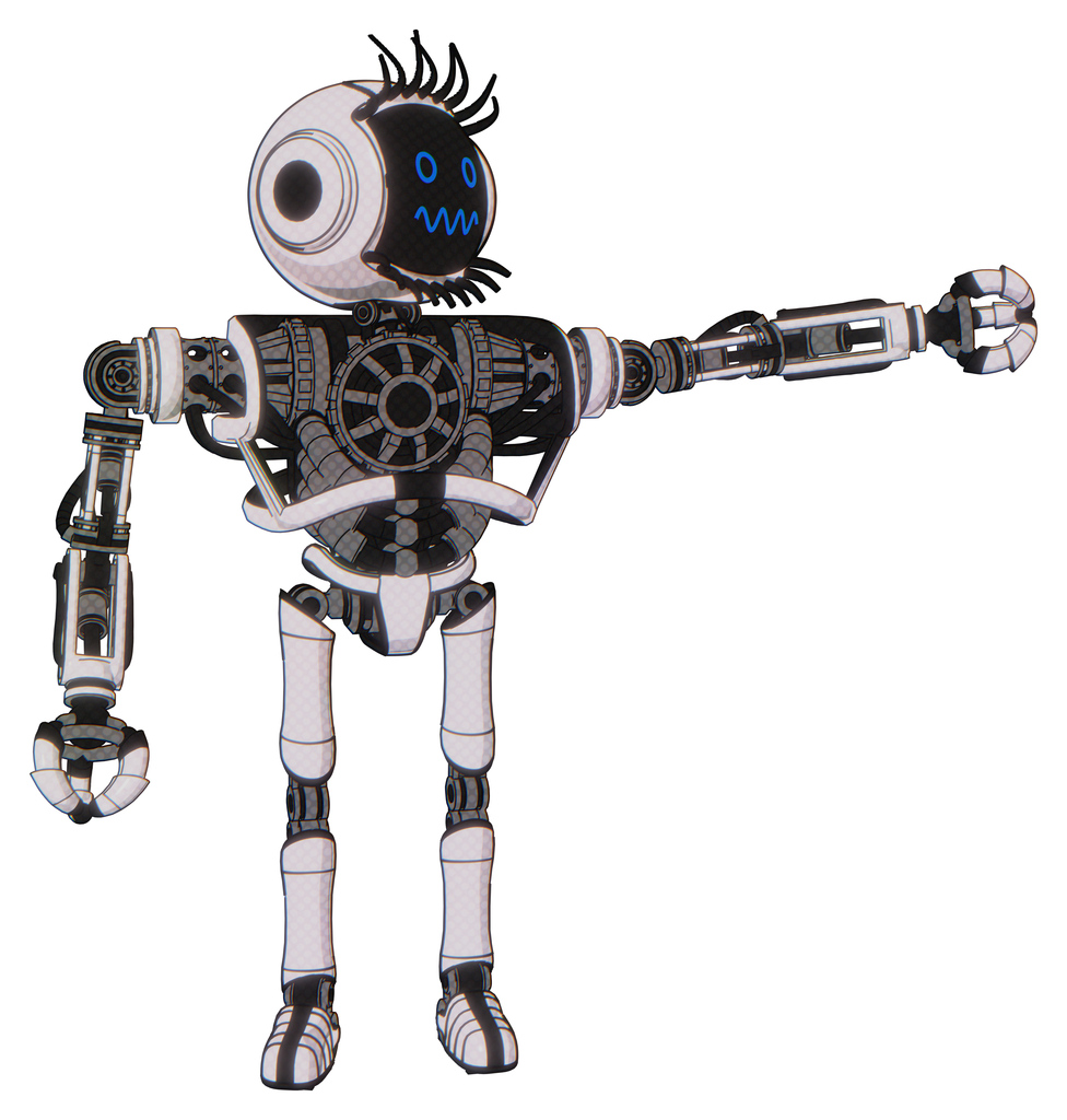 Cyborg containing digital display head and stunned expression and eye lashes deco and heavy upper chest and no chest plating and ultralight foot exosuit. White halftone toon.