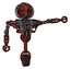 Robot containing oval wide head and barbed wire cage helmet and heavy upper chest and no chest plating and unicycle wheel. Cherry tomato red. Pointing left or pushing a button..