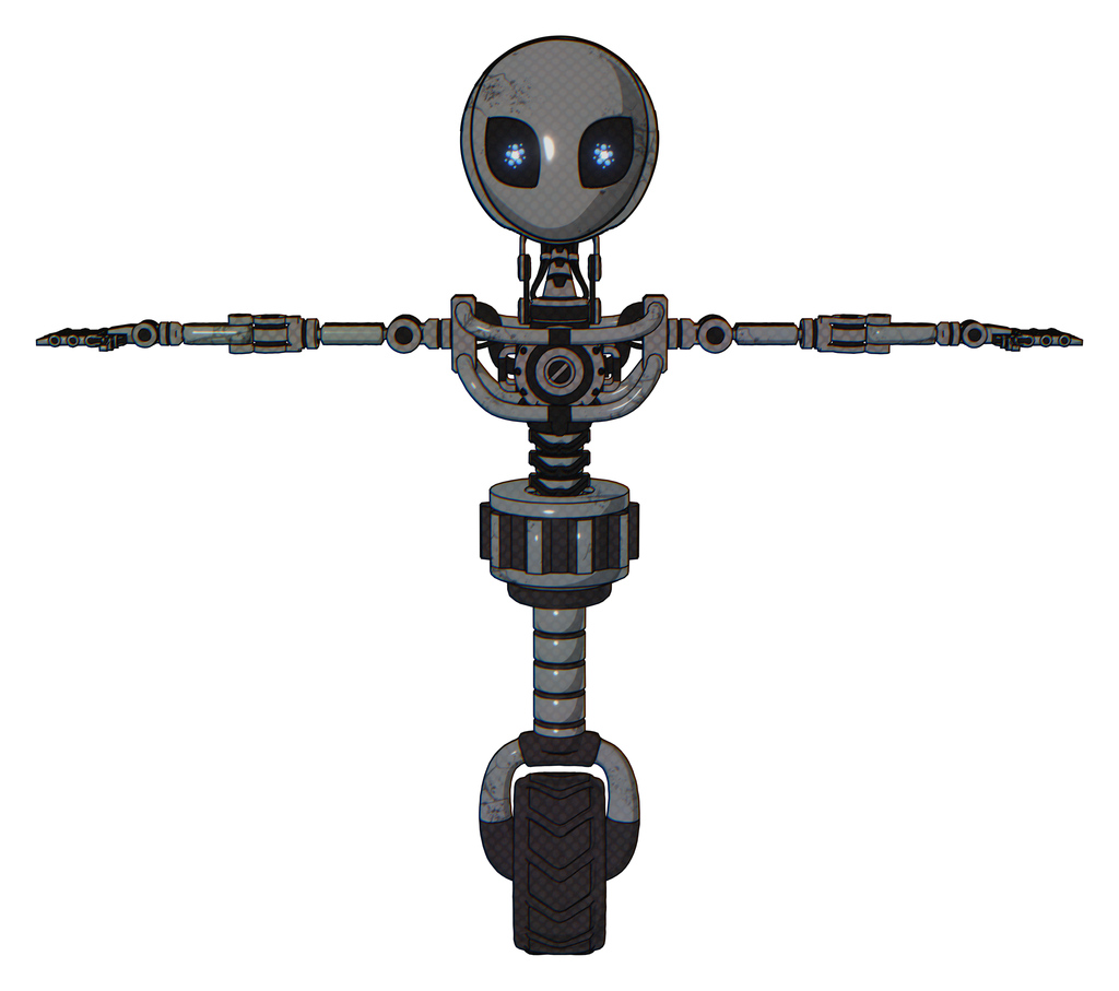 Mech containing grey alien style head and electric eyes and light chest exoshielding and no chest plating and unicycle wheel. Patent concrete gray metal. T-pose.
