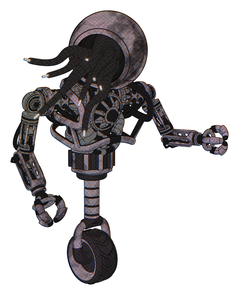 Cyborg containing jellyfish style head black fiber optic tentacles and heavy upper chest and no chest plating and unicycle wheel. Sketch pad cloudy smudges. Fight or defense pose..