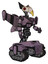 Robot containing bird skull head and red led circle eyes and robobeak design and light chest exoshielding and rubber chain sash and stellar jet wing rocket pack and tank tracks. Lilac metal.