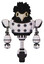 Robot containing bird skull head and yellow led protruding eyes and crow feather design and heavy upper chest and chest energy sockets and unicycle wheel. White halftone toon. Front view.