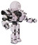 Bot containing dots array face and heavy upper chest and heavy mech chest and shoulder spikes and prototype exoplate legs. White halftone toon. Interacting.
