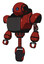 Bot containing oval wide head and blue led eyes and heavy upper chest and chest vents and unicycle wheel. Cherry tomato red. Standing looking right restful pose.