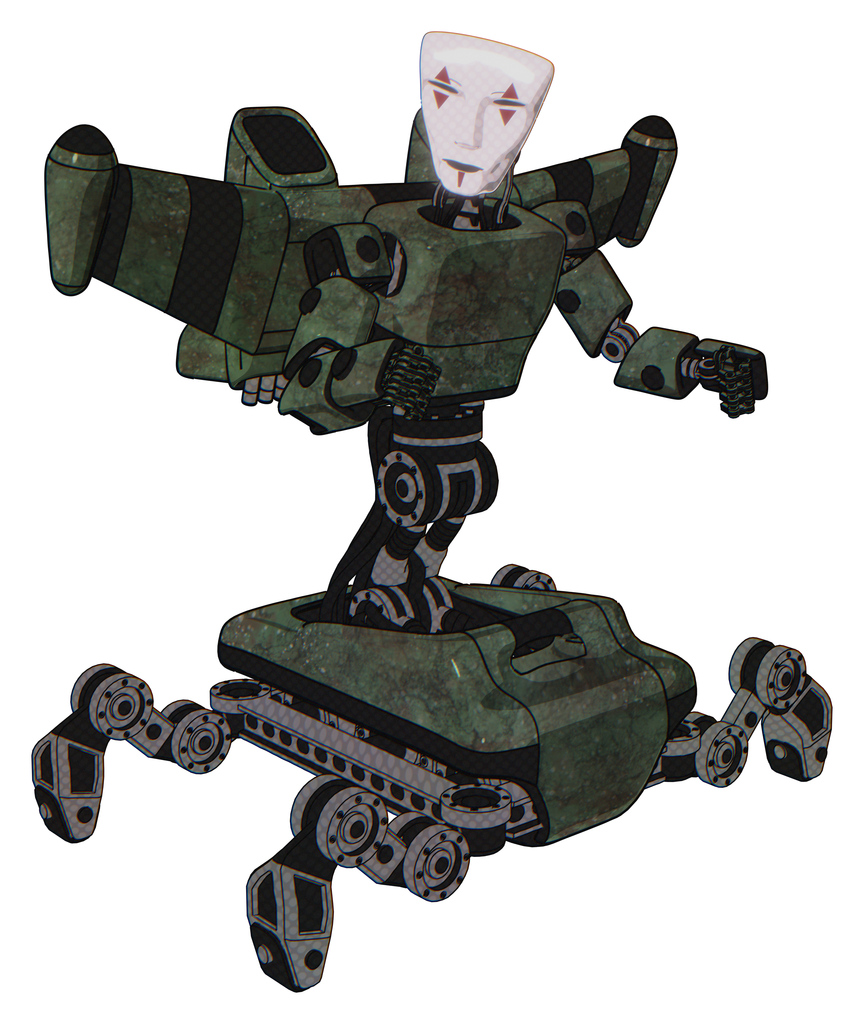 Automaton containing humanoid face mask and red clown marks and light chest exoshielding and prototype exoplate chest and stellar jet wing rocket pack and insect walker legs. Old corroded copper.