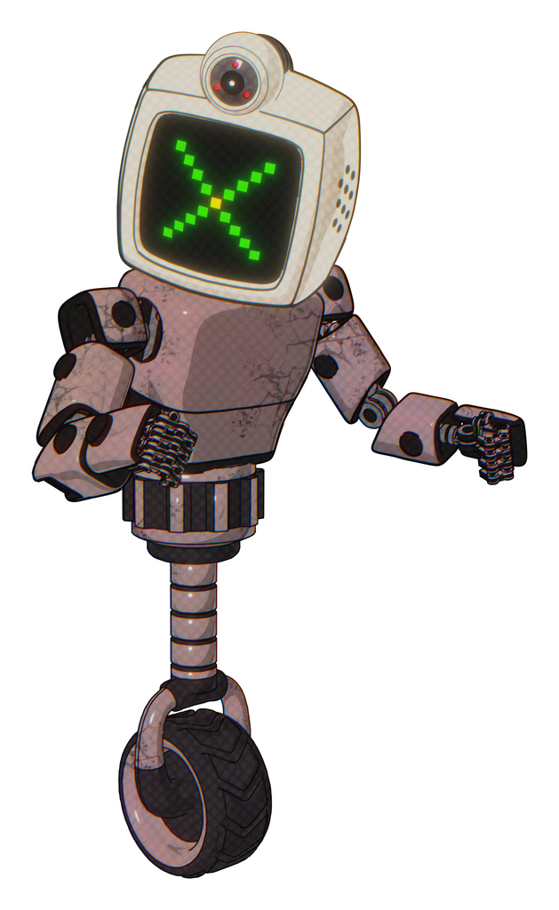 Mech containing old computer monitor and pixel x and retro-futuristic webcam and light chest exoshielding and prototype exoplate chest and unicycle wheel. Powder pink metal. Fight or defense pose..