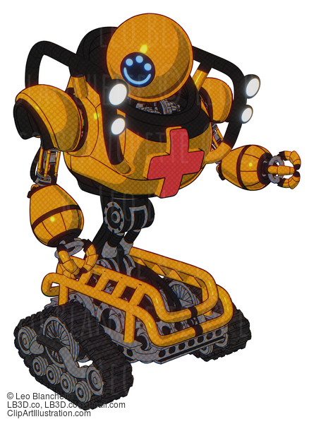 Android Containing Dual Retro Camera Head And Happy 3 Eyes Round Head And Heavy Upper Chest And First Aid Chest Symbol And Shoulder Headlights And Tank Tracks. Primary Yellow Halftone. #18374