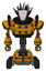 Automaton containing humanoid face mask and die robots graffiti design and heavy upper chest and chest energy sockets and six-wheeler base. Worn construction yellow. Front view.
