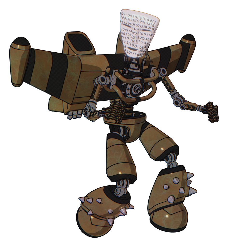 Droid containing humanoid face mask and binary war paint and light chest exoshielding and stellar jet wing rocket pack and no chest plating and light leg exoshielding and spike foot mod. Old copper.