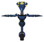 Robot containing flat elongated skull head and yellow eyeball array and light chest exoshielding and ultralight chest exosuit and unicycle wheel. Dark blue halftone. T-pose.