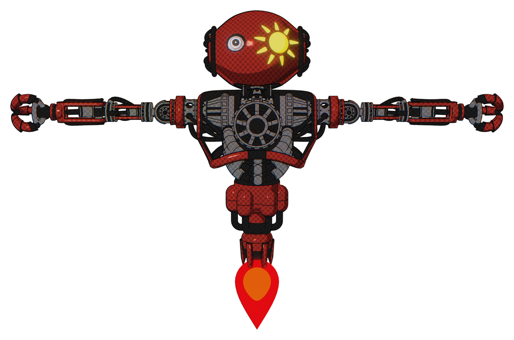 Droid containing oval wide head and sunshine patch eye and heavy upper chest and no chest plating and jet propulsion. Cherry tomato red. T-pose.