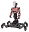 Bot containing humanoid face mask and light chest exoshielding and chest green blue lights array and insect walker legs. Toon pink tint. Standing looking right restful pose.