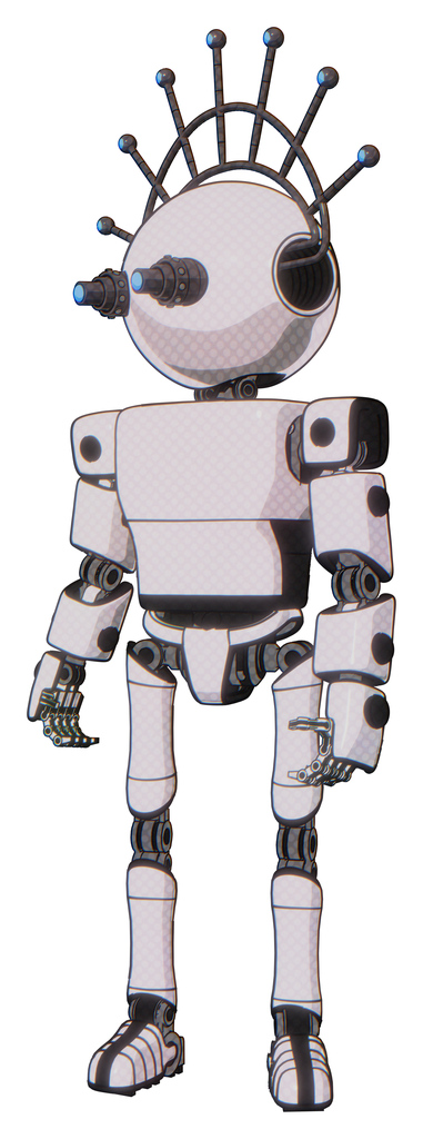 Bot containing oval wide head and telescopic steampunk eyes and techno halo ornament and light chest exoshielding and prototype exoplate chest and ultralight foot exosuit. White halftone toon.