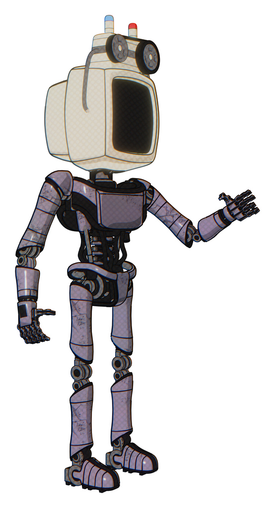 Automaton containing old computer monitor and old computer magnetic tape and light chest exoshielding and ultralight chest exosuit and ultralight foot exosuit. Matted pink metal. Interacting.