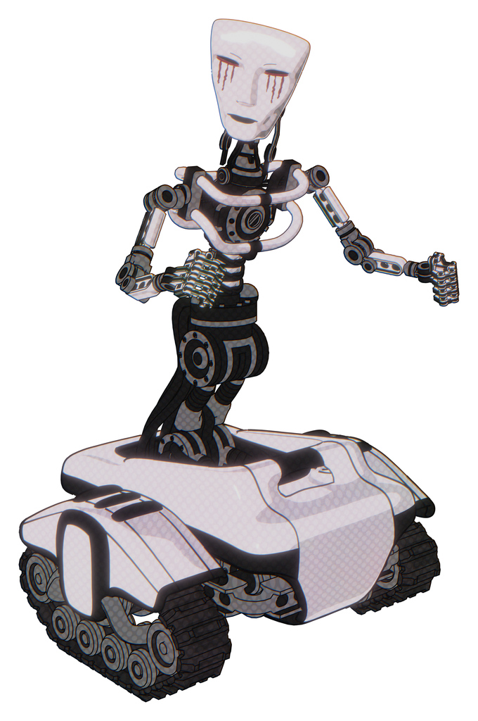 Mech containing humanoid face mask and blood tears and light chest exoshielding and no chest plating and tank tracks. White halftone toon. Fight or defense pose..