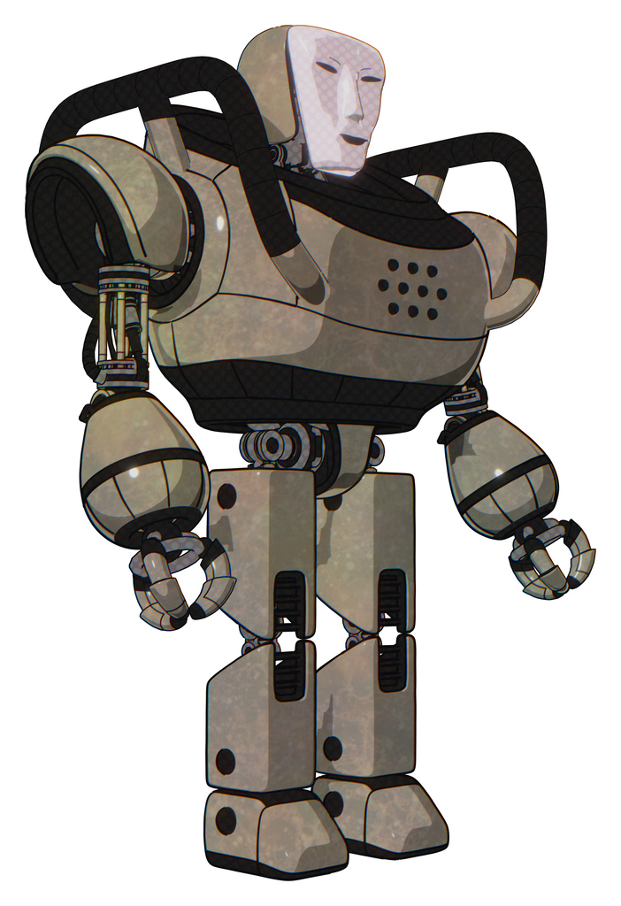 Droid containing humanoid face mask and heavy upper chest and prototype exoplate legs. Grungy fiberglass. Facing left view.