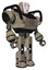 Droid containing humanoid face mask and heavy upper chest and prototype exoplate legs. Grungy fiberglass. Facing left view.
