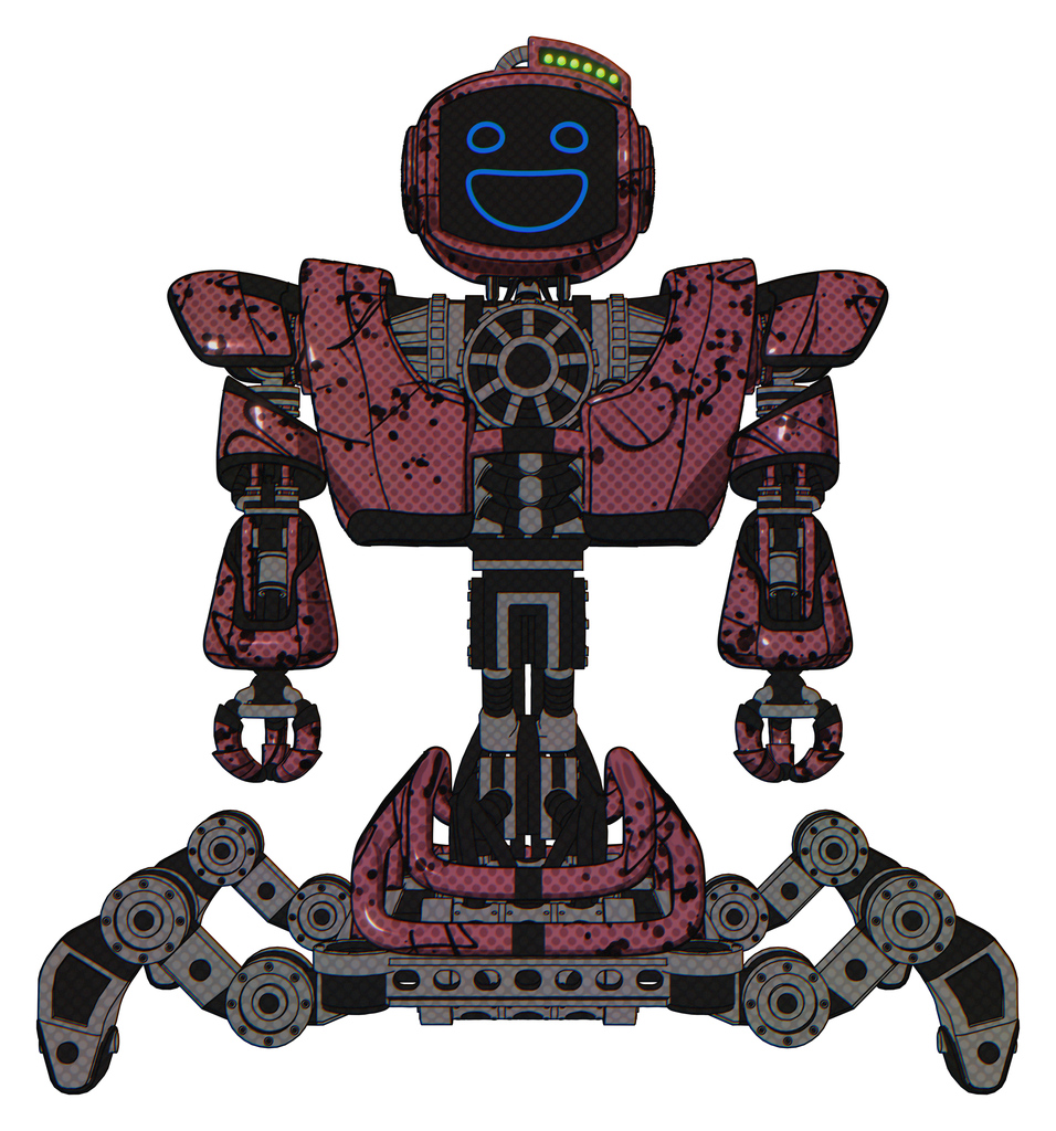 Robot containing digital display head and wide smile and green led array and heavy upper chest and heavy mech chest and insect walker legs. Muavewood halftone grunge. Front view.