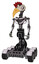 Mech containing bird skull head and white eyeballs and chicken design and light chest exoshielding and no chest plating and six-wheeler base. White halftone toon. Standing looking right restful pose.