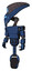 Robot containing flat elongated skull head and visor and light chest exoshielding and prototype exoplate chest and unicycle wheel. Dark blue halftone. Standing looking right restful pose.