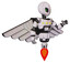Mech containing grey alien style head and green inset eyes and light chest exoshielding and yellow chest lights and pilot's wings assembly and jet propulsion. White halftone toon. Interacting.