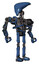 Droid containing flat elongated skull head and heavy upper chest and no chest plating and ultralight foot exosuit. Blue halftone. Hero pose.