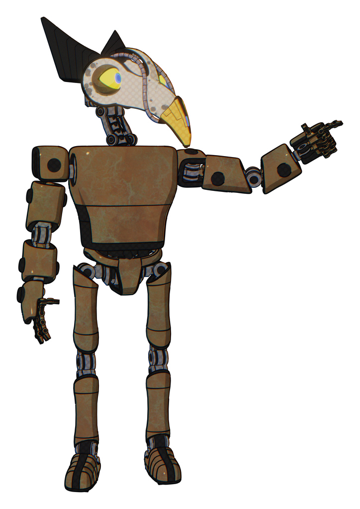 Bot containing bird skull head and big yellow eyes and robobeak design and light chest exoshielding and prototype exoplate chest and ultralight foot exosuit. Old copper.