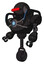 Cyborg containing round head and horizontal red visor and heavy upper chest and chest blue energy core and blue strip lights and unicycle wheel. Dirty black. Facing right view.