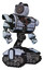 Automaton containing green dot eye corn row plastic hair and heavy upper chest and heavy mech chest and barbed wire chest armor cage and tank tracks. Blue tint toon. Hero pose.