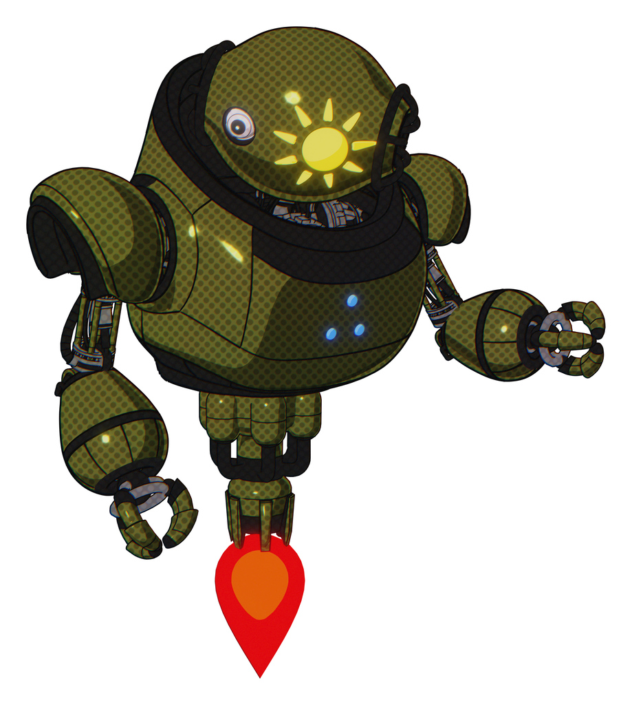 Mech containing oval wide head and sunshine patch eye and heavy upper chest and triangle of blue leds and jet propulsion. Army green halftone. Fight or defense pose..