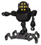 Droid containing round head and yellow eyes array and heavy upper chest and insect walker legs. Dirty black. Arm out holding invisible object..