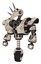 Bot containing bird skull head and yellow and green scope eyes and heavy upper chest and heavy mech chest and unicycle wheel. Halftone sketch. Standing looking right restful pose.
