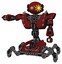 Robot containing oval wide head and sunshine patch eye and heavy upper chest and heavy mech chest and shoulder spikes and insect walker legs. Matted red. Arm out holding invisible object..