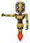 Droid containing round head and six eye array and bug eyes and light chest exoshielding and ultralight chest exosuit and jet propulsion. Construction yellow halftone.