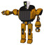 Automaton containing humanoid face mask and two-face black white mask and heavy upper chest and chest vents and prototype exoplate legs. Worn construction yellow. Arm out holding invisible object..