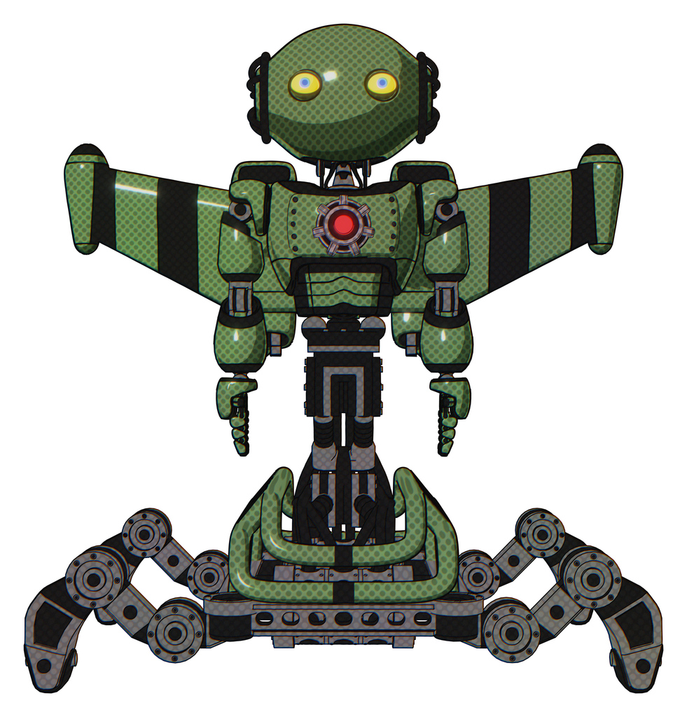 Robot containing oval wide head and yellow eyes and light chest exoshielding and red energy core and stellar jet wing rocket pack and insect walker legs. Grass green. Front view.