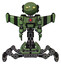 Robot containing oval wide head and yellow eyes and light chest exoshielding and red energy core and stellar jet wing rocket pack and insect walker legs. Grass green. Front view.